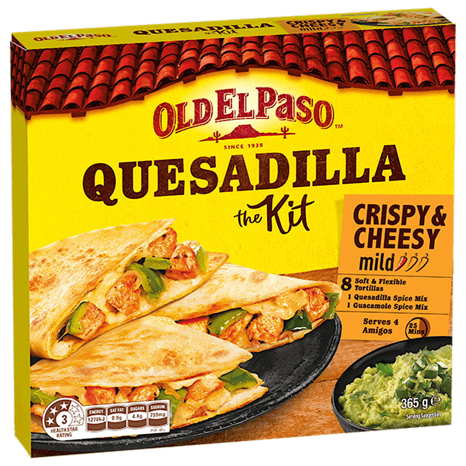 a pack of Old El Paso's crispy & cheesy quesadilla kit mid containing tortillas, quesadilla spice mix & guacamole spice mix